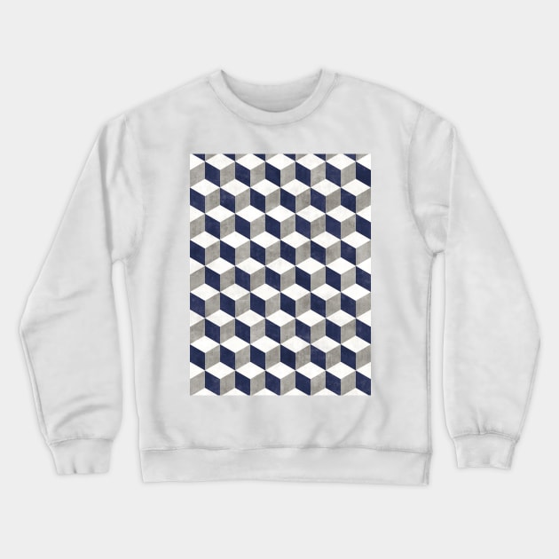 Geometric Cube Pattern - Grey, White, Blue Concrete Crewneck Sweatshirt by ZoltanRatko